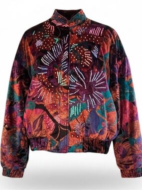1980s Judith Ann Creations Silk Crushed Velvet Sequined Bomber Jacket Size S